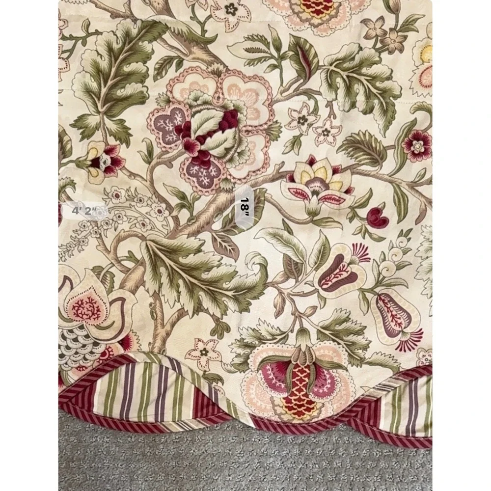 Waverly Floral Scalloped Window Valance Cream Red Green Striped Trim 50x18